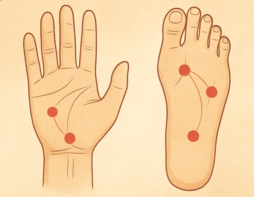 Diagram showing labeled acupressure points on the hands and feet.